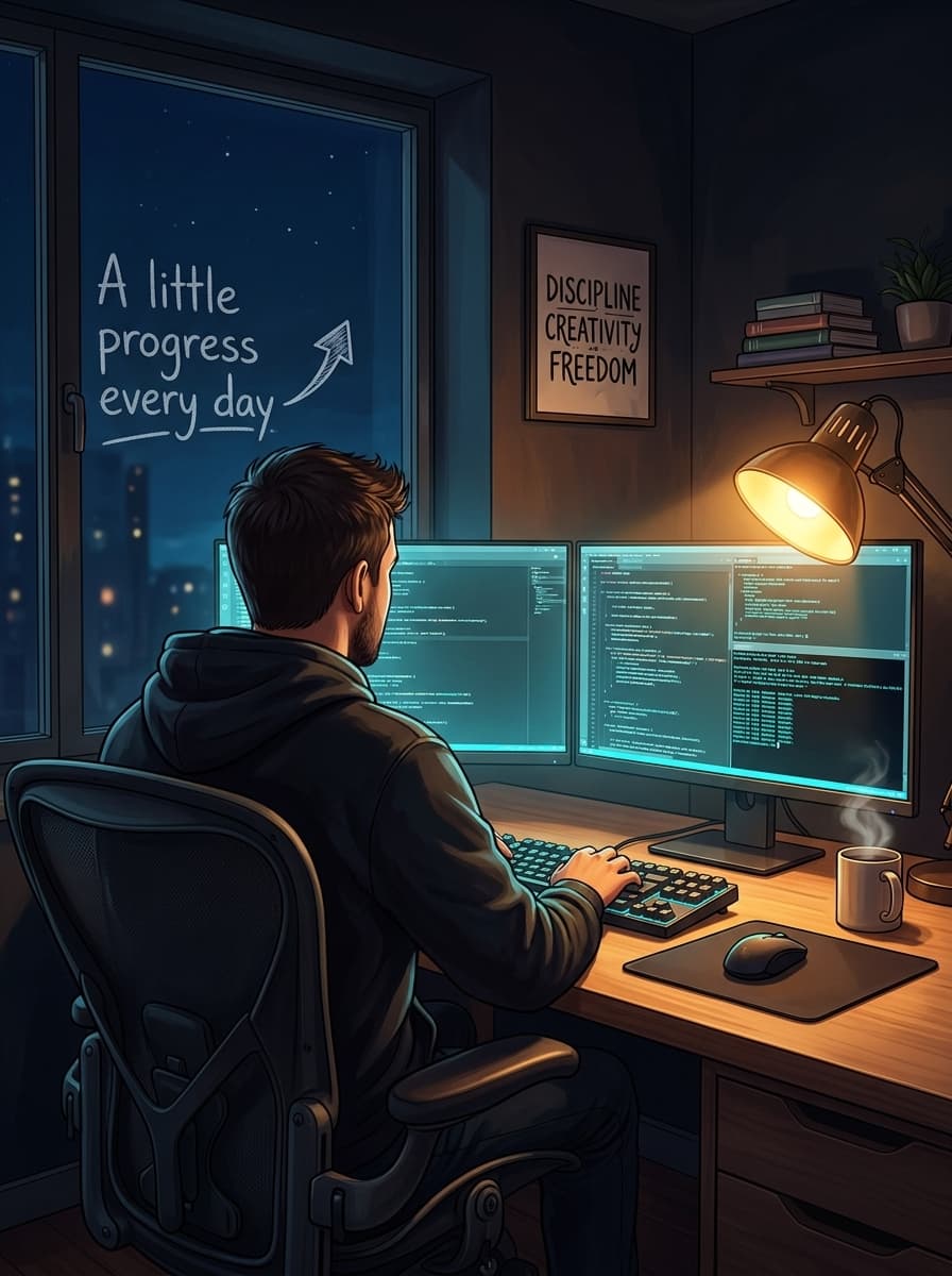 Cozy midnight developer desk overlooking city skyline with warm lamp and laptop